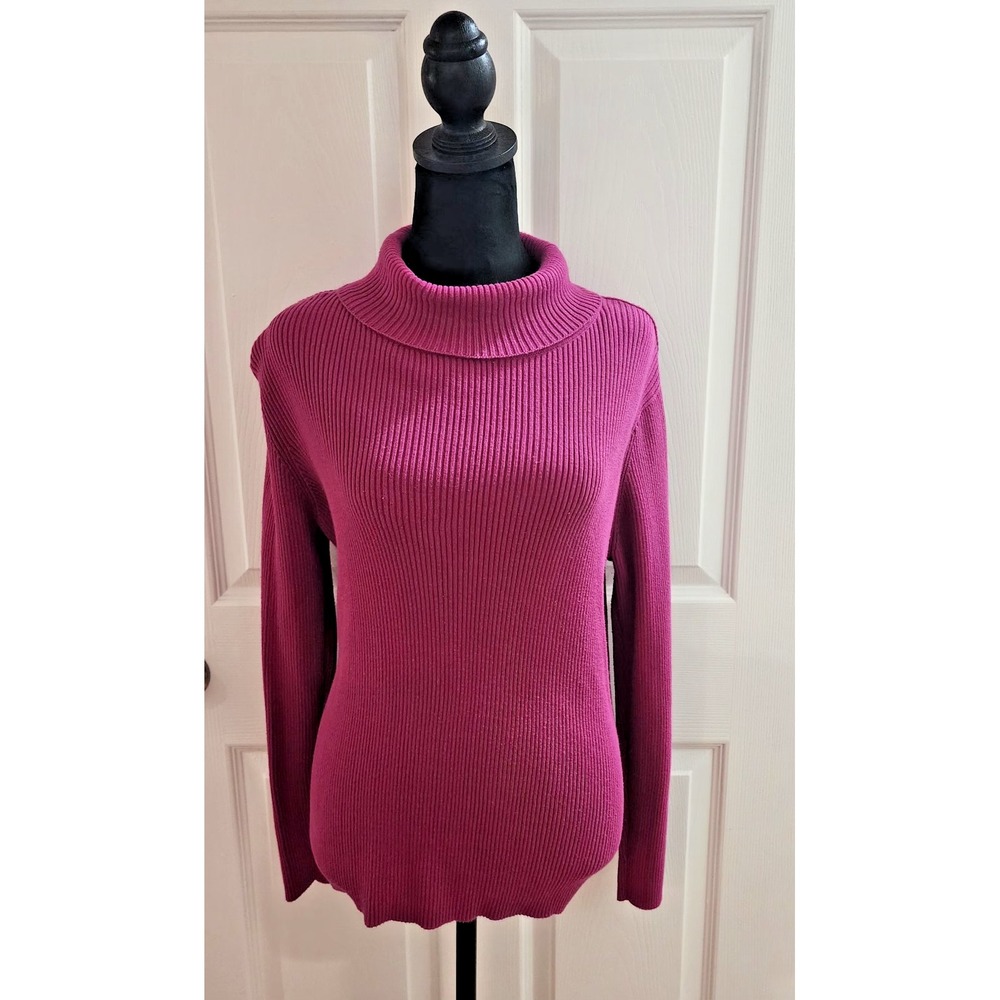 Women's L/S Ribbed Turtleneck Cotton Sweater by Appleseed in Fuschia Size Large